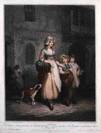 "Two Bunches a Penny, Primroses, Two Bunches a Penny", placa 1 de "The Cries of London", gravada por Luigi Schiavonetti (1765-1810), pub. da Colnaghi & Co. de Francis (after) Wheatley