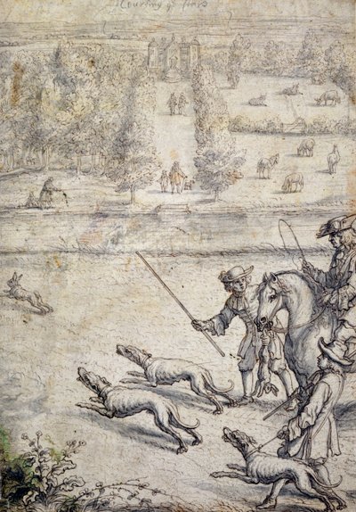 Coursing the Hare, ilustração para o pub "The Gentleman&39;s Recreation" de Richard Blome. 1686 (caneta e tinta com lavagem em papel) de Francis Barlow