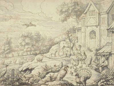 Pátio, com figuras e fundo da paisagem de Francis Barlow