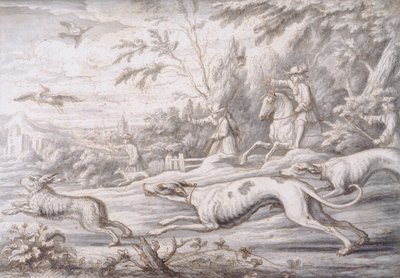 Caça à Lebre (caneta, tinta castanha e lavagem cinzenta sobre papel) de Francis Barlow