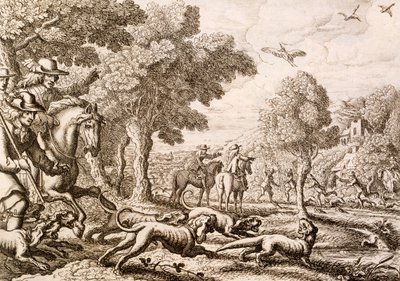 Caça às lontras por um rio, gravada por Wenceslaus Hollar, 1671 de Francis Barlow