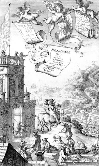 Página de rosto de Britannia, de John Ogilby, gravada por Wenceslaus Hollar, 1675 de Francis Barlow
