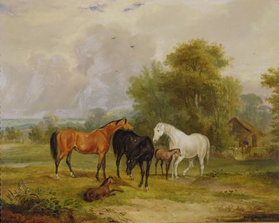 Cavalos pastando: éguas e potros em um campo de Francis Calcraft Turner