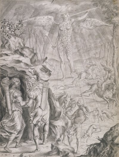 Dido e Enéias Abrindo-se em uma Caverna (lavar no papel) de Francis Cleyn