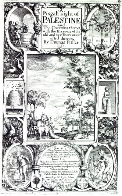 Página de rosto de &39;A Pisgah-sight of Palestine&39; de Thomas Fuller publicado em 1650 de Francis Cleyn
