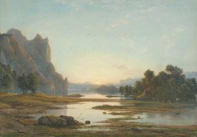 Pôr-do-sol sobre uma paisagem fluvial de Francis Danby