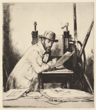 Retrato do osso de Muirhead Bone apoiado numa prensa de gravura de Francis Dodd