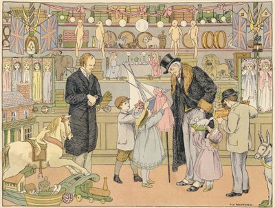 Livro de Lojas de Bedford: Loja de brinquedos (litografia a cores) de Francis Donkin Bedford