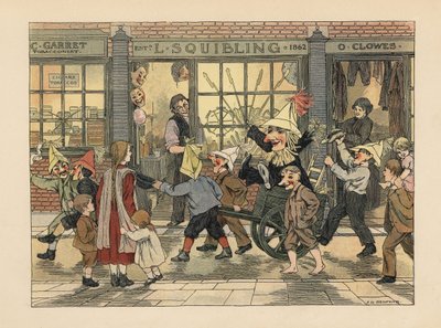 Loja de fogo de artifício - Crianças vitorianas puxando um Guy numa carroça na noite de Guy Fawkes, em frente à loja de fogo de artifício de L. Squibling. Cromolitografia a partir de uma ilustração de Francis Donkin Bedford do "The Book of Shops" de Edward de Francis Donkin Bedford