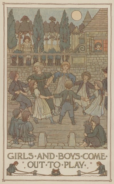 Meninas e meninos saem para brincar (litografia a cores) de Francis Donkin Bedford