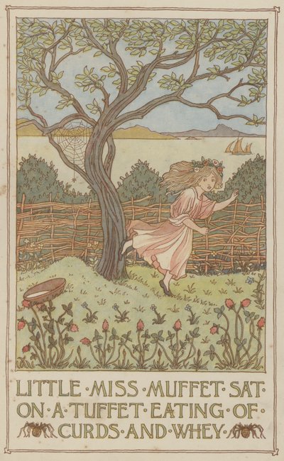 A pequena Miss Muffet sentada num tuffet a comer coalhada e soro de leite (litografia a cores) de Francis Donkin Bedford