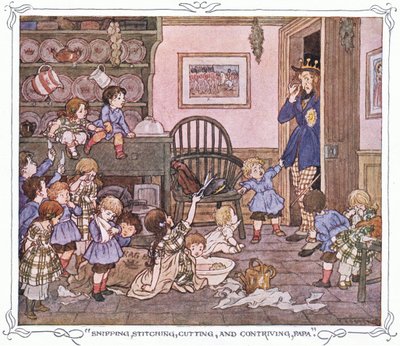 "Cortar, coser, recortar e criar, papá", de The Magic Fishbone pub.by Warne  Co, c.1940 (litografia a cores) de Francis Donkin Bedford