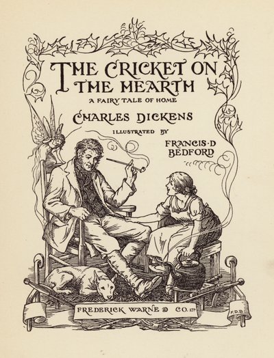 Ilustração da página de rosto de "O Grilo na Lareira" de Charles Dickens (litografia a cores) de Francis Donkin Bedford
