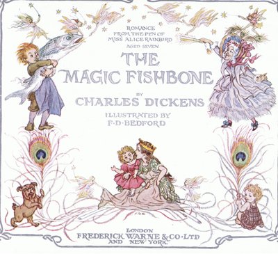 Página de título, de The Magic Fishbone pub.by Warne  Co, c.1940 (litografia a cores) de Francis Donkin Bedford