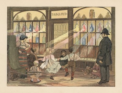 Crianças vitorianas a dançar em frente a uma farmácia enquanto um polícia observa. Cromolitografia a partir de uma ilustração de Francis Donkin Bedford de "The Book of Shops", de Edward Verrall Lucas de Francis Donkin Bedford