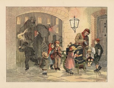 Crianças vitorianas a comer batatas quentes do homem das batatas quentes. No fundo, pessoas com guarda-chuvas entram numa carruagem à chuva. Cromolitografia a partir de uma ilustração de Francis Donkin Bedford de "The Book of Shops", de Edward Verrall Luca de Francis Donkin Bedford