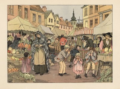 Crianças vitorianas a comer laranjas de um tostão em bancas de fruta e legumes num mercado do East End de Londres. Cromolitografia a partir de uma ilustração de Francis Donkin Bedford de "The Book of Shops", de Edward Verrall Lucas de Francis Donkin Bedford