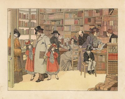 Clientes vitorianos numa livraria. Cromolitografia a partir de uma ilustração de Francis Dorkin Bedford da obra "The Book of Shops" de Edward Verrall Lucas, Grant Richards, Londres de Francis Donkin Bedford