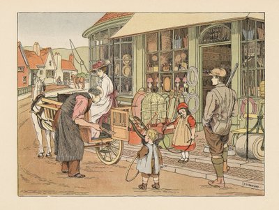 Família vitoriana em Henry Hoop, o ferreiro da aldeia. Cromolitografia a partir de uma ilustração de Francis Donkin Bedford de "The Book of Shops", de Edward Verrall Lucas de Francis Donkin Bedford