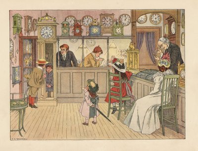 Família vitoriana no relojoeiro. Crianças a brincar num relógio de pêndulo, enquanto um funcionário arranja um relógio. Cromolitografia a partir de uma ilustração de Francis Donkin Bedford de The Book of Shops, de Edward Verrall Lucas de Francis Donkin Bedford