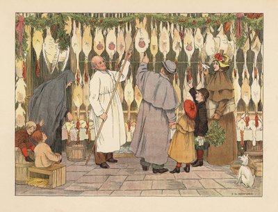 Família vitoriana a escolher um peru para o Natal no aviário. Talhante de bata com um gancho a retirar uma ave. Cromolitografia a partir de uma ilustração de Francis Donkin Bedford de "The Book of Shops", de Edward Verrall Lucas de Francis Donkin Bedford