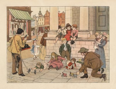 Comerciantes vitorianos que vendem brinquedos de tostão às crianças numa rua de Londres. Cromolitografia a partir de uma ilustração de Francis Donkin Bedford de "The Book of Shops", de Edward Verrall Lucas de Francis Donkin Bedford