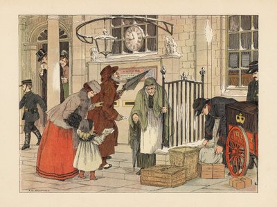 Pessoas da época vitoriana a enviar cartas perto do dia de Natal na estação de correios. Cromolitografia a partir de uma ilustração de Francis Donkin Bedford de "The Book of Shops", de Edward Verrall Lucas de Francis Donkin Bedford