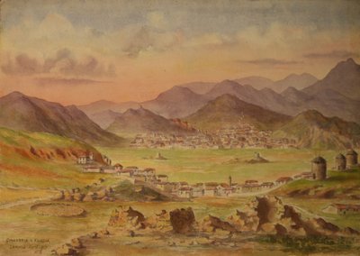 Vista de Smandria e Kondia na ilha de Lemnos, Grécia, abril de 1917 (aguarela sobre papel) de Francis Doveton Bridges