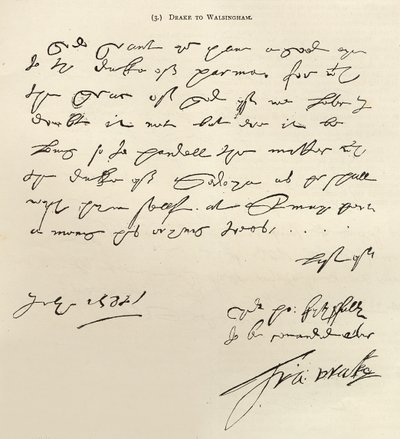 Carta de Sir Francis Drake a Sir Francis Walsingham assinada em 29 de julho de 1588, publicada em &39;Leisure Hour&39;, 1888 (tinta no papel) de Francis Drake