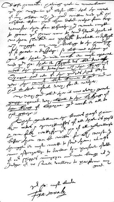 Carta a William Cecil, lorde Burghley, lorde alto tesoureiro, escrita a bordo de sua nau capitânia, "Elizabeth Bonaventure" em Plymouth, em 26 de julho de 1586 (caneta e tinta no papel) de Francis Drake