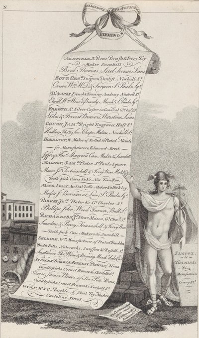 Cartão comercial para profissões diversas etc., Birmingham, 1800 de Francis Eginton