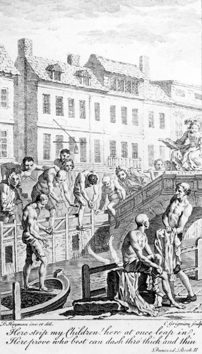 Tomar banho na frota do rio, com uma citação do "Dunciad" de Alexander Pope, gravada por Charles Grignion, c.1750 de Francis Hayman
