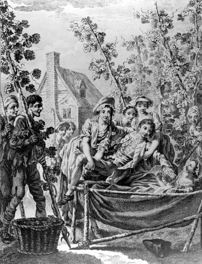 Hop Garden, uma ilustração de "Poemas em Várias Ocasiões", de Christopher Smart, gravada por Charles Grignion, 1752 de Francis Hayman