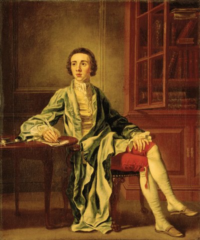 Retrato de Joseph Henry, de Straffan, Co. Kildare, de corpo inteiro, sentado à mesa, escrevendo uma carta, com um casaco azul, colete amarelo e calças vermelhas, ao lado de uma estante de Francis Hayman