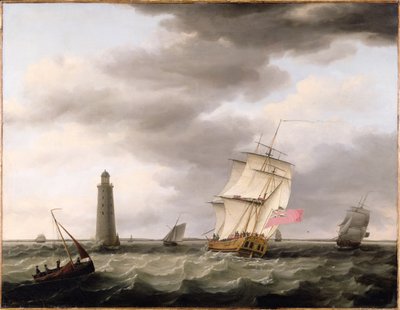 Um homem de guerra passando pelo Farol Eddystone, c.1773 de Francis Holman
