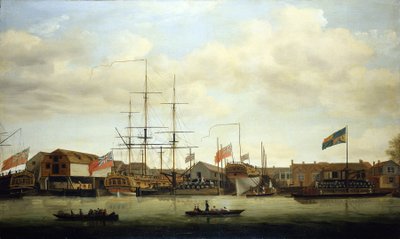 Um pequeno estaleiro no Tamisa (Inglaterra), com dois barcos em construção. Óleo sobre tela de Francis Holman