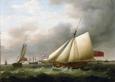 O navio "Fly" e outros navios, a sul de Downs (Inglaterra), com a bandeira da Union Jack. Óleo sobre tela de Francis Holman