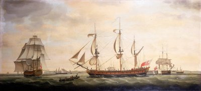 Três vistas do navio indiano "Royal Saint Georges", nas Downs, ao largo da costa de Kent (Inglaterra). Óleo sobre tela de Francis Holman