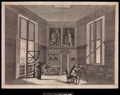 Três figuras utilizando equipamento astronómico na Grande Sala das Estrelas ou Sala do Octógono, como é hoje conhecida, no Observatório Real, c.1676 (gravura) de Francis Place