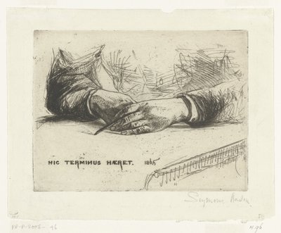 Desenho a duas mãos com lápis de cera
Mãos segurando um lápis de cera
Hic Terminus Haeret (título sobre o objecto) de Francis Seymour Haden (Sir) (signed by artist)