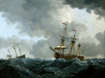 Um Marine: duas fragatas em uma tempestade que se aproxima (óleo sobre cobre) de Francis Swaine