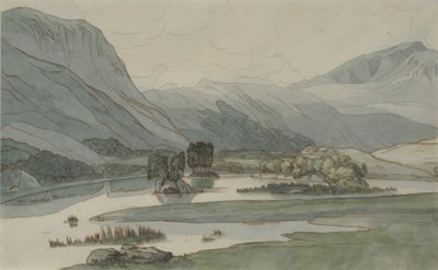 Rydal Water com as Colinas de Grasmere, 1786 (lápis com caneta e tinta e wc no papel) de Francis Towne