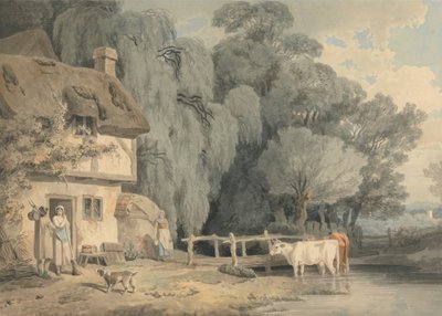 Cena do país: Números por uma porta de casa de campo e gado num riacho de Francis Wheatley