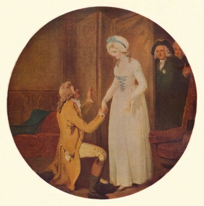 Young Marlow e Miss Hardcastle: uma cena de ela se inclina para conquistar por Oliver Goldsmith Act V, Sc de Francis Wheatley