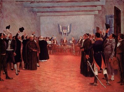 O Congresso de Tucumán, a Declaração de Independência da Argentina de Espanha em 1816 (cor litho) de Francisco (after) Fortuny