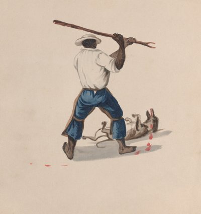 Um homem visto por trás a bater num cão com um pau, de um grupo de desenhos que representam..., ca. 1848 de Francisco