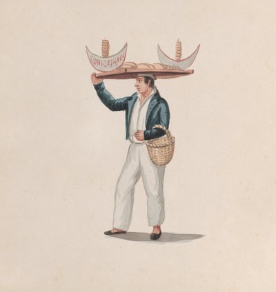Um vendedor de tortilhas a equilibrar uma bandeja na cabeça, de um grupo de desenhos representando o peruano..., ca. de Francisco