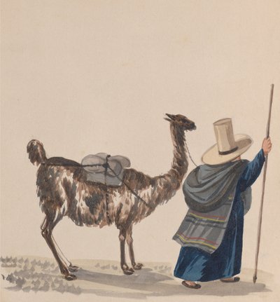 Uma mulher andando com uma lhama, de um grupo de desenhos representando trajes peruanos, ca. 1848. de Francisco