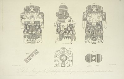 Ídolo Asteca de Porfírio Basáltico, encontrado sob a Grande Praça da Cidade do México, gravado por Cloquet, ilustração de &39;Imagens das Cordilheiras e Monumentos dos Povos Indígenas da América&39;, de Alexander von Humboldt e Aime Bonpland de Francisco Aguera Bustamante