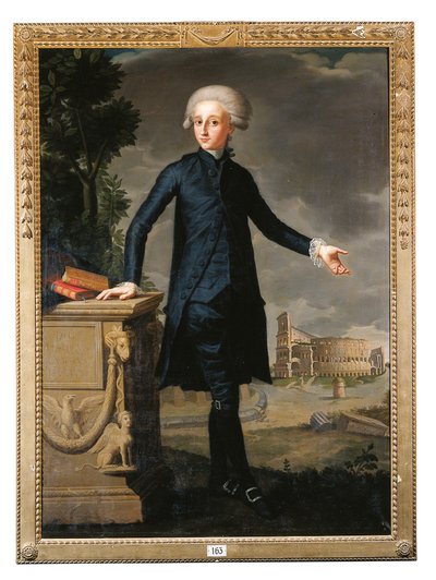 Retrato de Don Juan Despuig y Zaforteza, de corpo inteiro, de terno preto, assinado e inscrito de Francisco Agustín y Grande